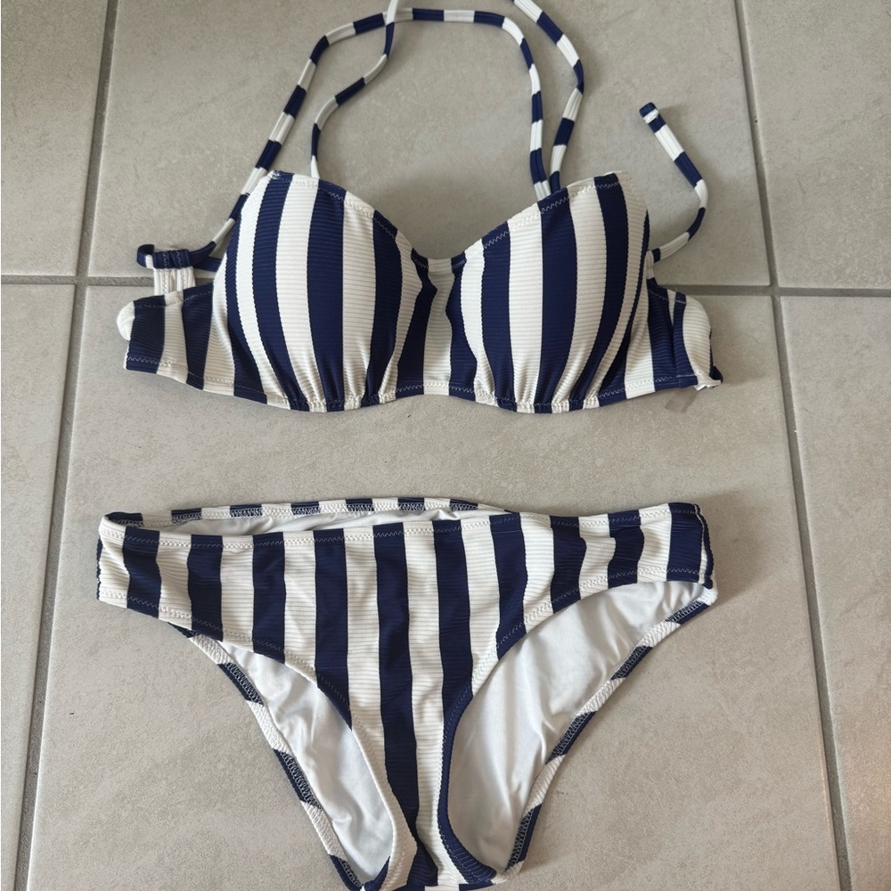 Shade & Shore Navy and White Striped Bikini